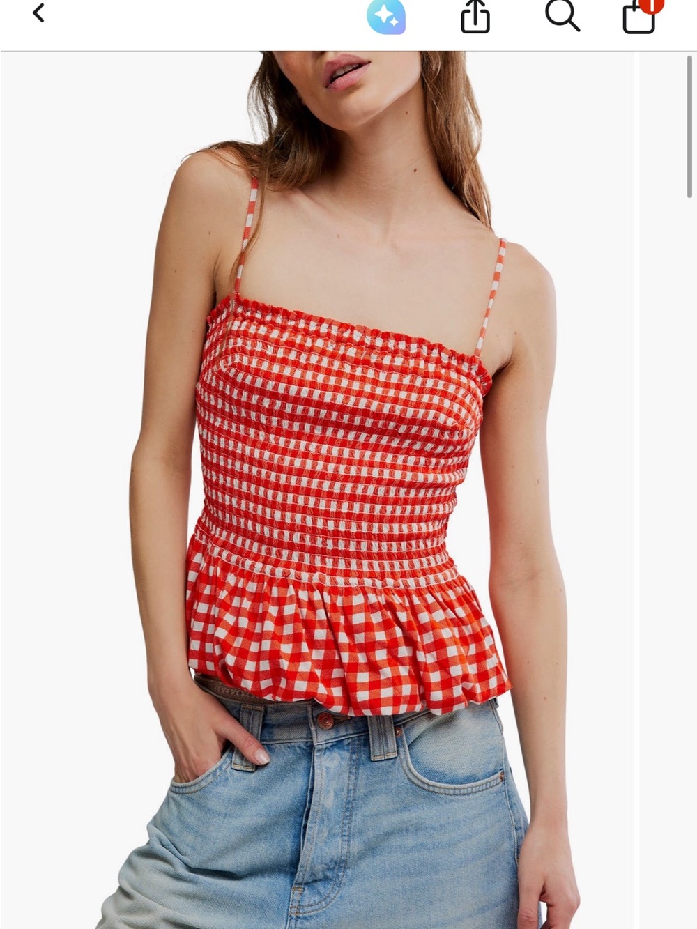 Free People Red & White Gingham Smocked Peplum Cami